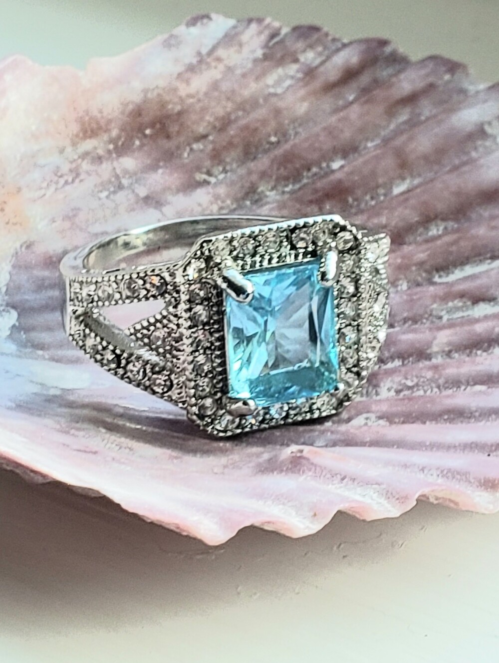 NEW Aquamarine Fashion Art Deco Inspired SP Ring, Size 10, Gorgeous Faceting